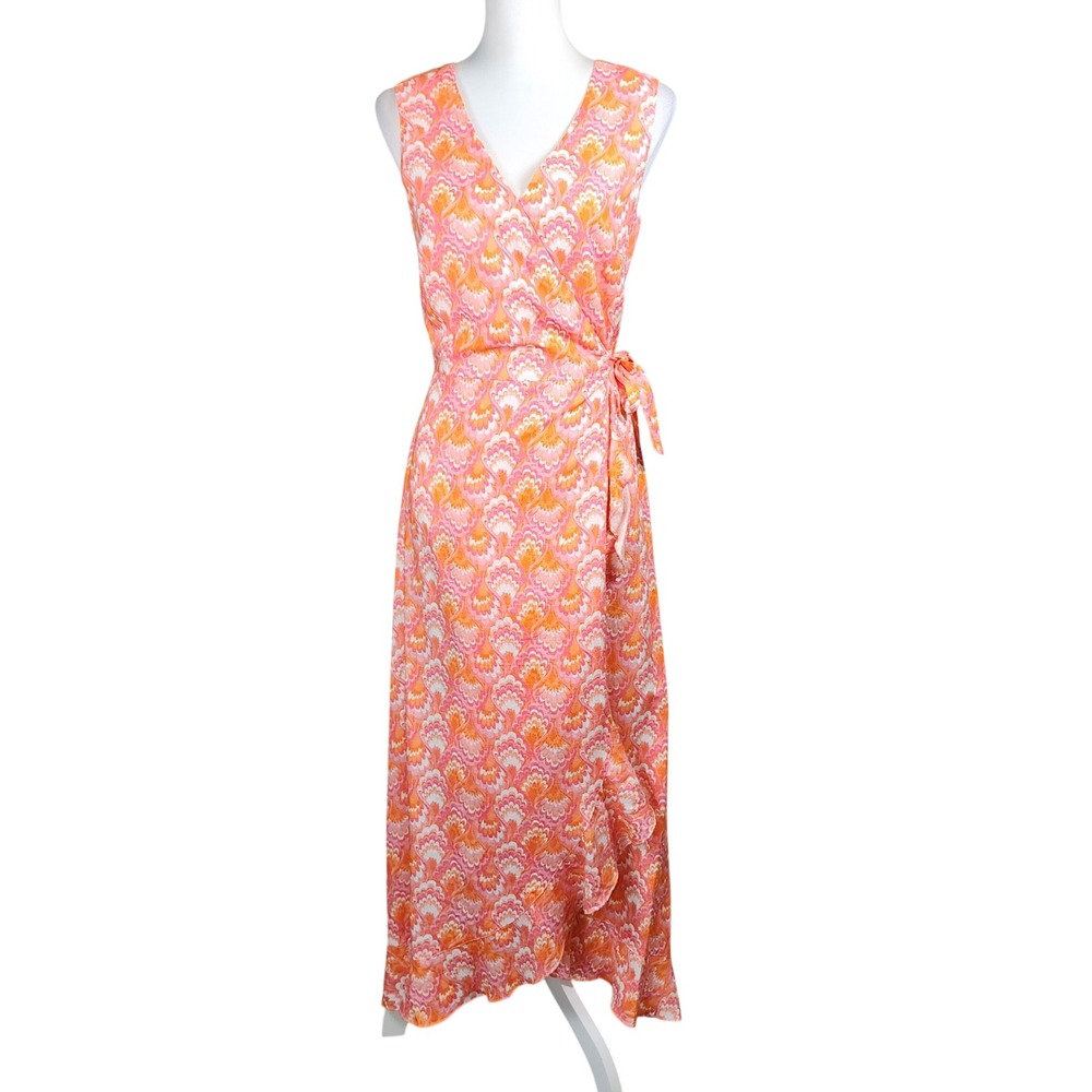 J. McLaughlin Cerise Linen Blend Wrap Dress Womens‎ XS Pink Orange Ruffle Casual